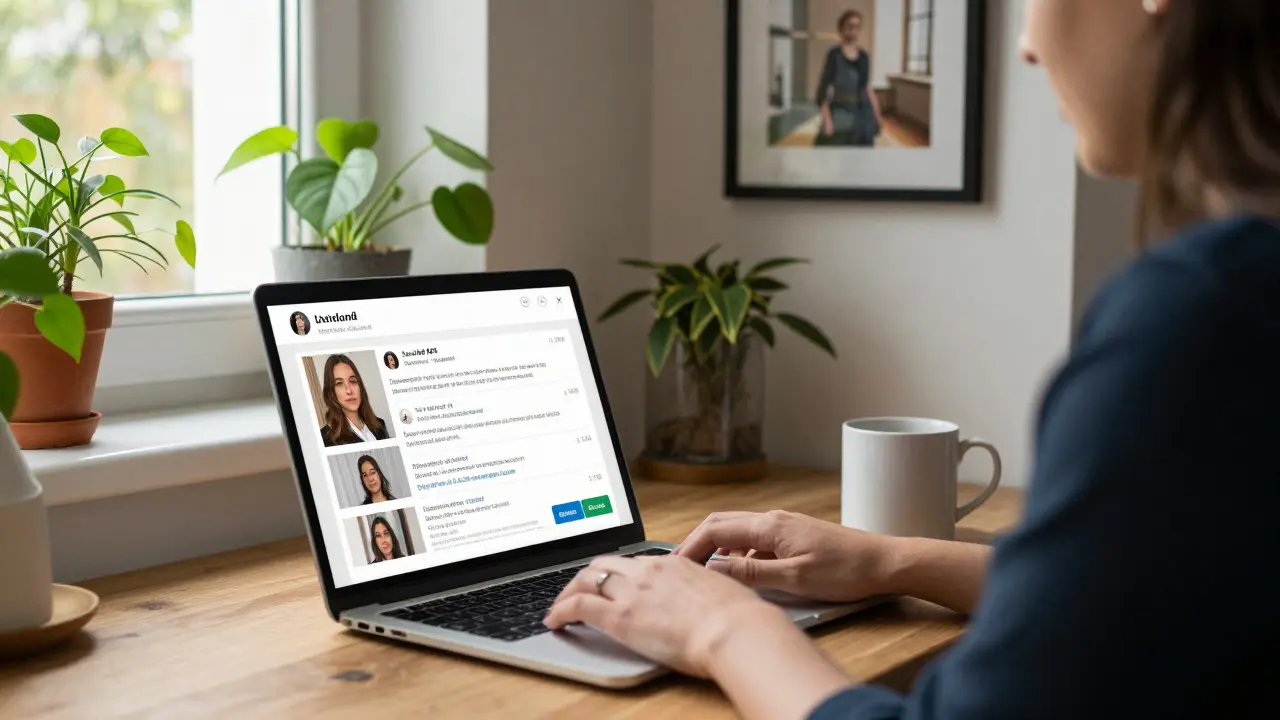 An independent escort reviewing her verified profile on a laptop in a cozy home kitchen.