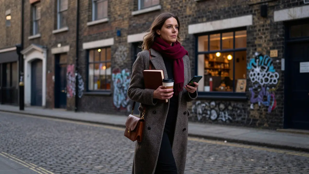 An independent escort walking through Hackney at twilight, holding a book and smartphone, urban backdrop.