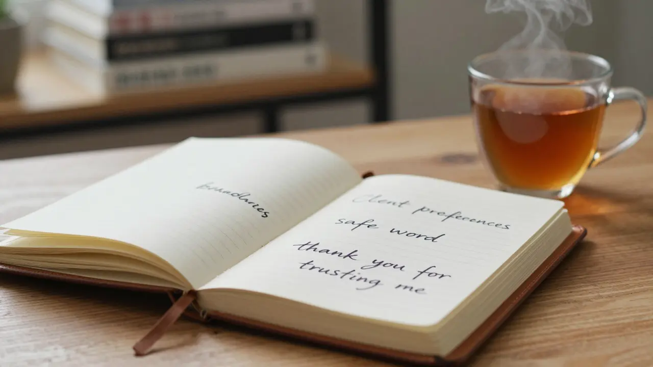 An open leather journal on a desk with handwritten notes about boundaries and client trust, natural light.