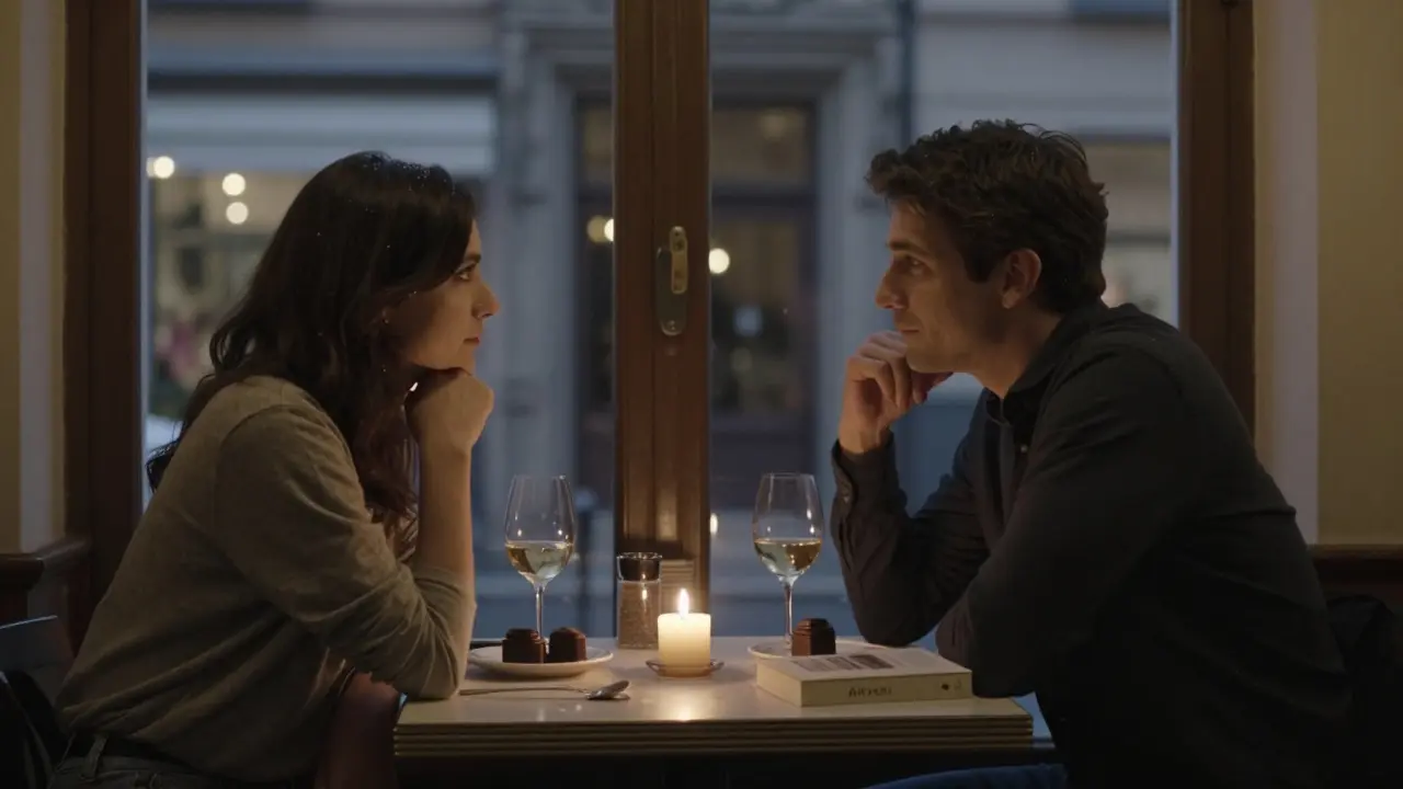 Couple having a quiet conversation over wine in a Budapest café at night.