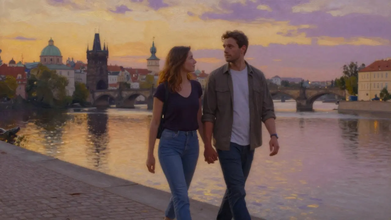 Couple walking peacefully along a river in Prague at sunset, hands nearly touching.