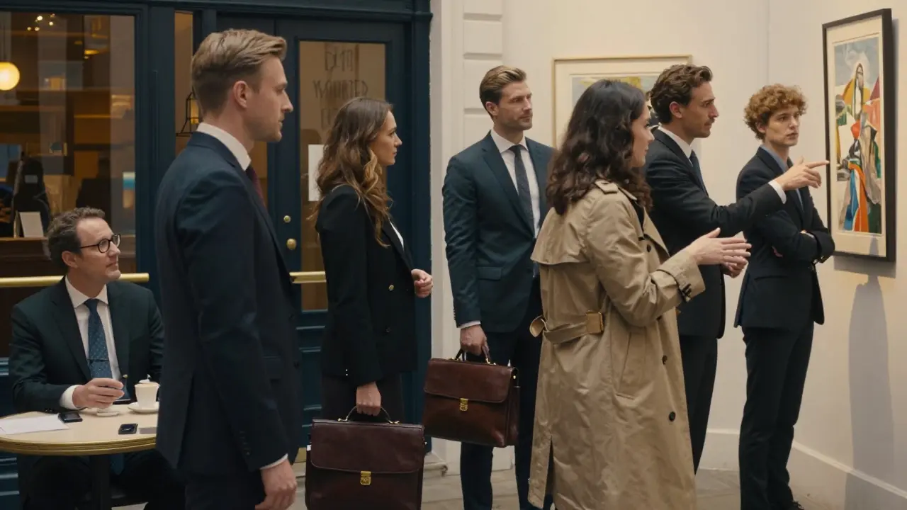 Diverse clients and escorts share quiet, respectful moments in London cafés, parks, and art galleries, emphasizing human connection.