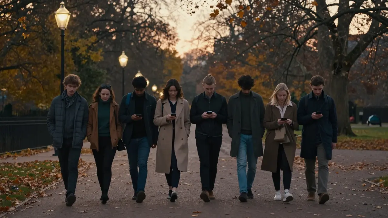Diverse individuals walking peacefully through Hyde Park with companions, autumn leaves falling around them.