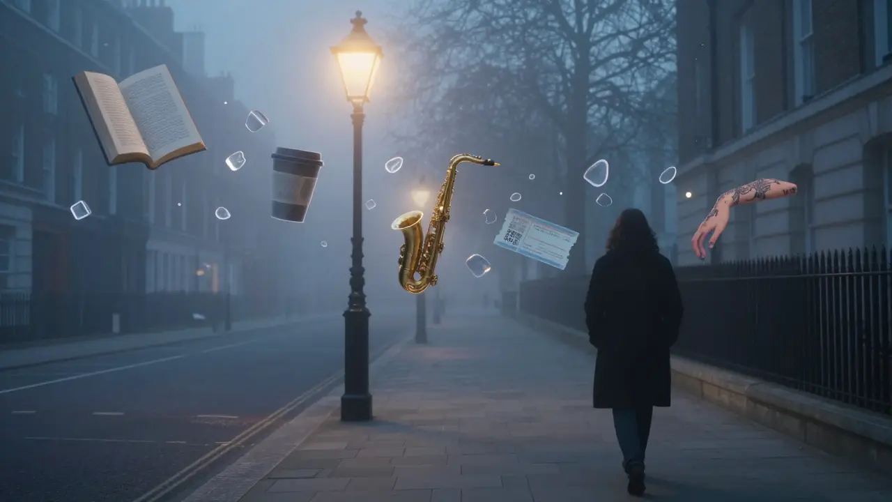 Foggy London street with floating symbols of connection, leading to a solitary walker at dusk.