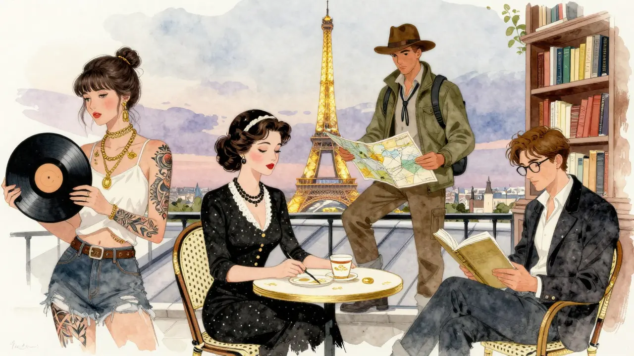 Four distinct Parisian companions illustrated in artistic watercolor style, each representing a unique vibe.