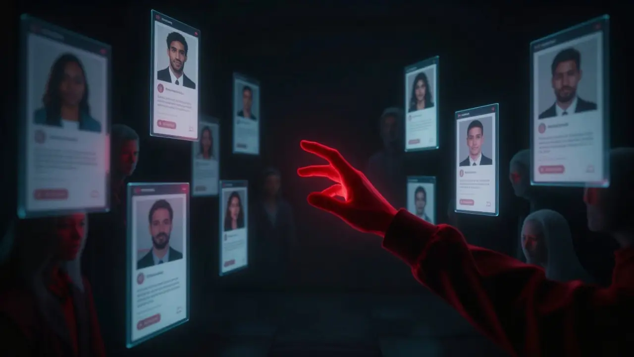 Ghostly fake profiles surrounding a real user in a dark digital space, one scammer reaching out.