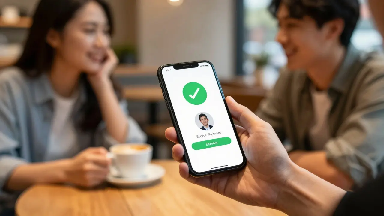 Hand holding a phone with a secure booking screen, blurred couple laughing at a café table.