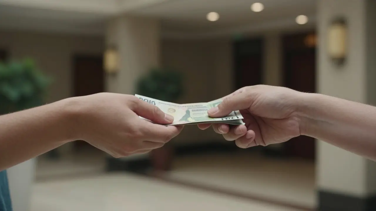 Hands exchanging cash in a hotel lobby, no faces shown, natural light, discreet transaction, quiet dignity.