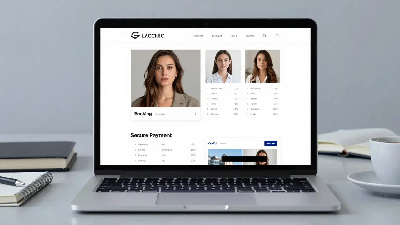 Laptop screen showing a clean escort agency booking page with verified profiles and secure payment options.