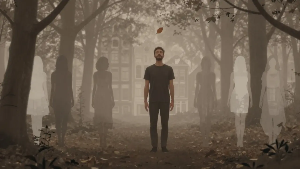 Man standing alone in a forest, surrounded by faint silhouettes of European women, symbolizing presence over performance.