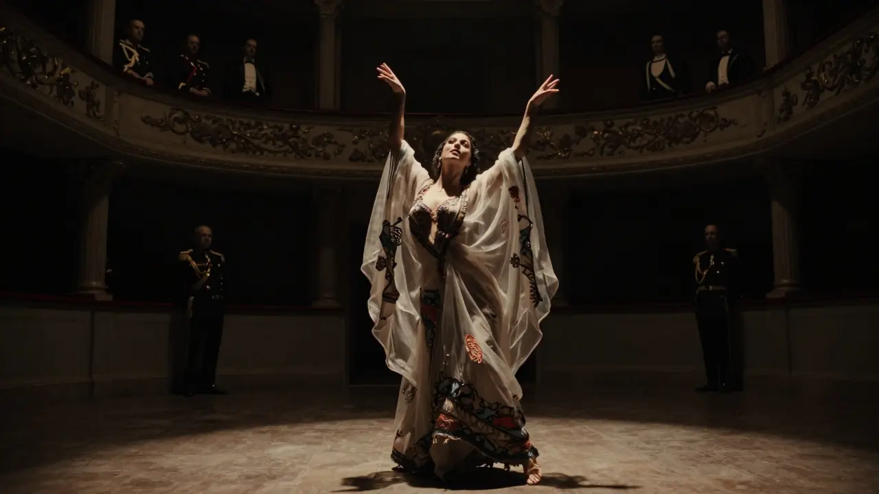 Mata Hari dancing in sheer fabric under dramatic theater lights