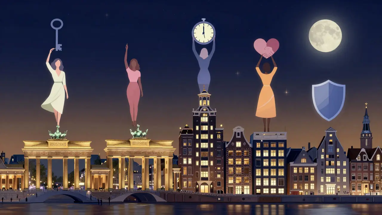Nighttime skyline of five European cities with autonomous female silhouettes floating above each.