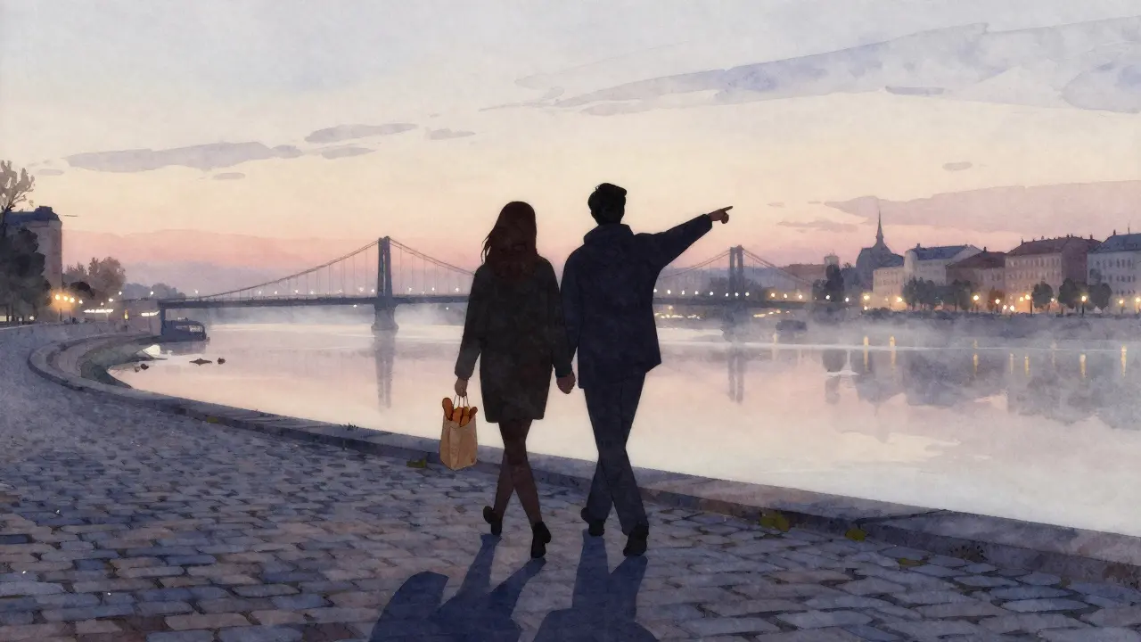 Silhouettes walking along a river at dusk, sharing a peaceful moment in a European city.