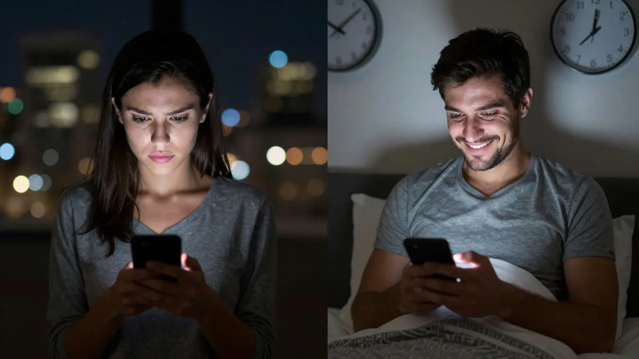 Split-screen of a woman sending and a man receiving a late-night text message.