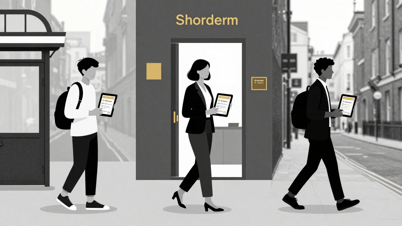 Three anonymous East London professionals—student, worker, expat—each holding a verified escort directory tablet.