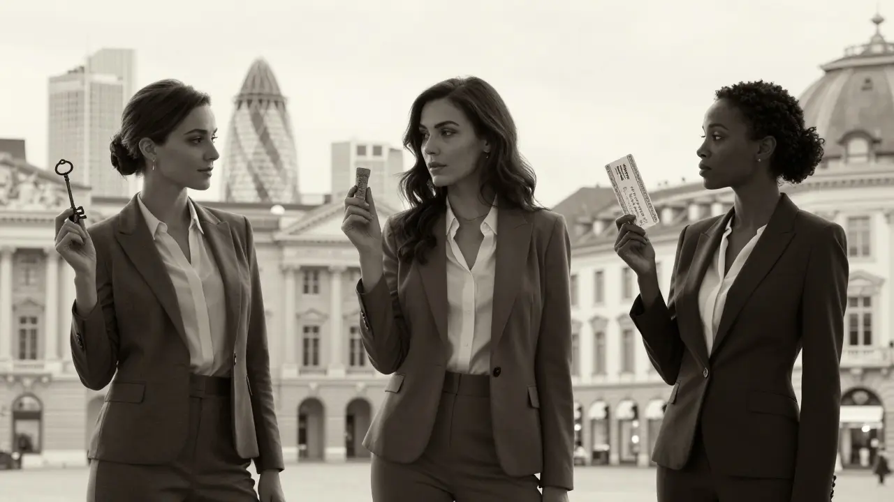 Three elegant women in silhouette represent high-end escorting across London, Paris, and Zurich, holding symbolic objects.