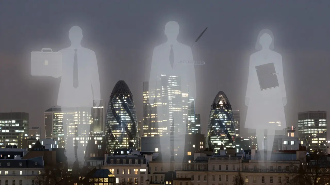 Three ethereal figures symbolize different types of London escorts above iconic neighborhoods, representing connection without physicality.