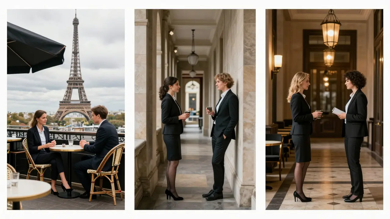 Three European city scenes show professional companions meeting clients in cafes, museums, and lobbies.
