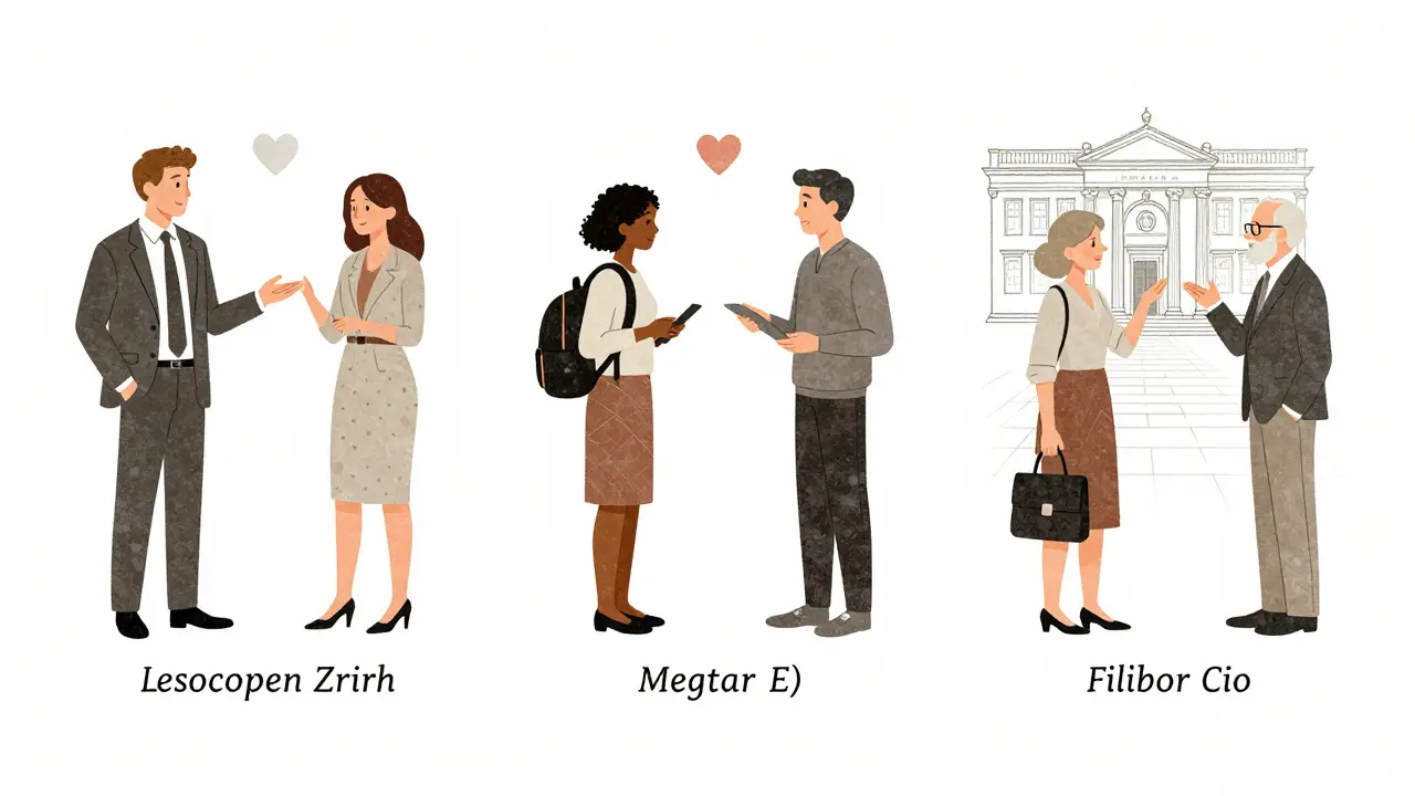 Three vignettes showing professional companions engaging in cultural activities across European cities.