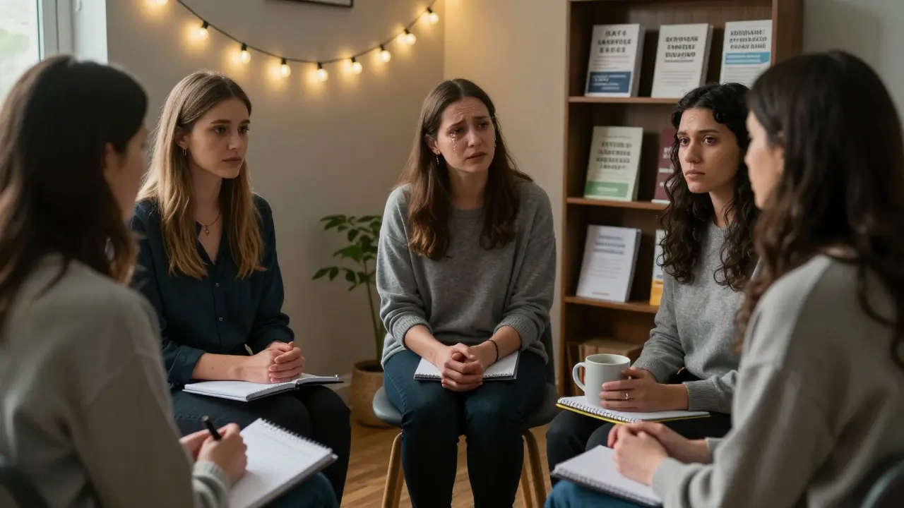Three women in a supportive circle share quiet moments in a softly lit room.
