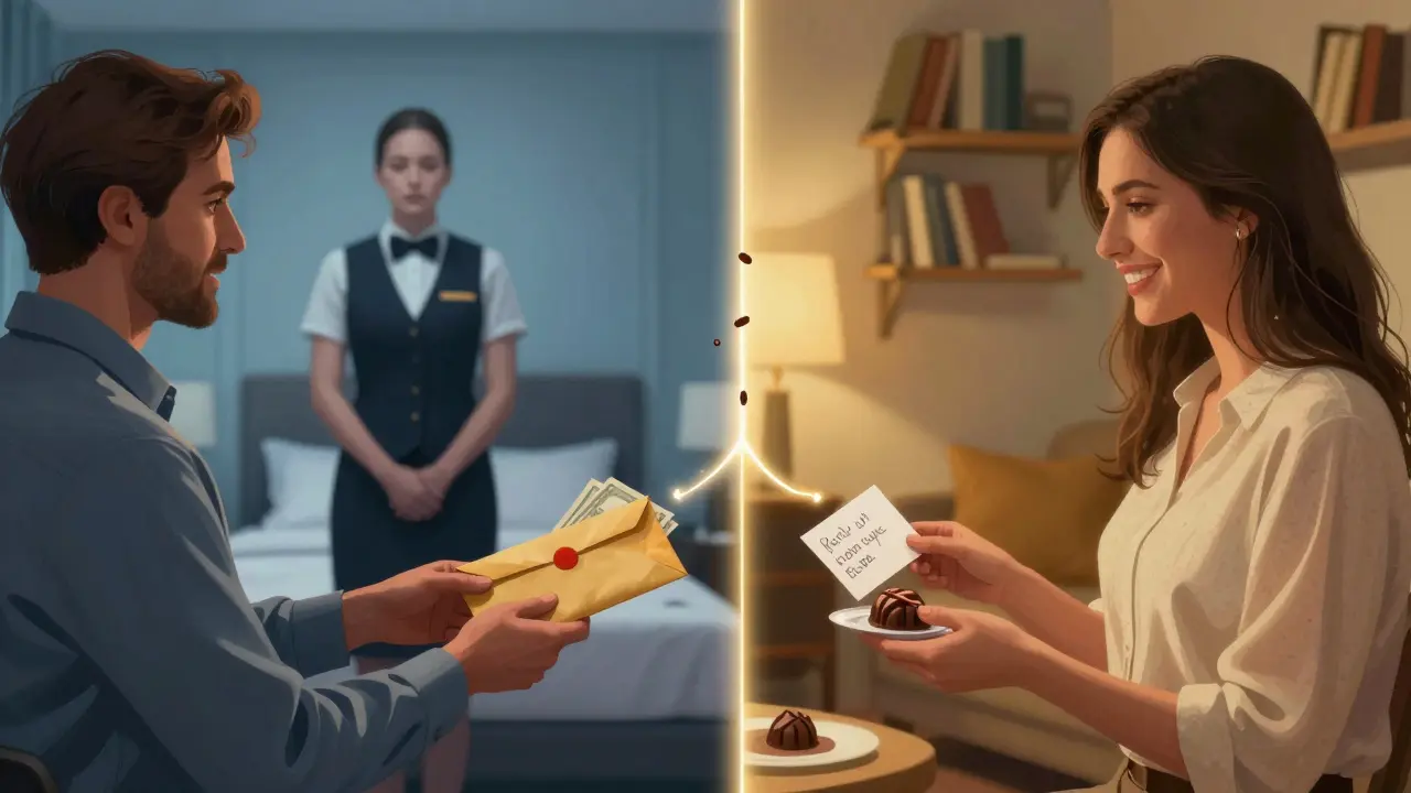 Two contrasting scenes: one with cold cash exchange, the other with thoughtful gesture—connected by glowing symbols of human connection.