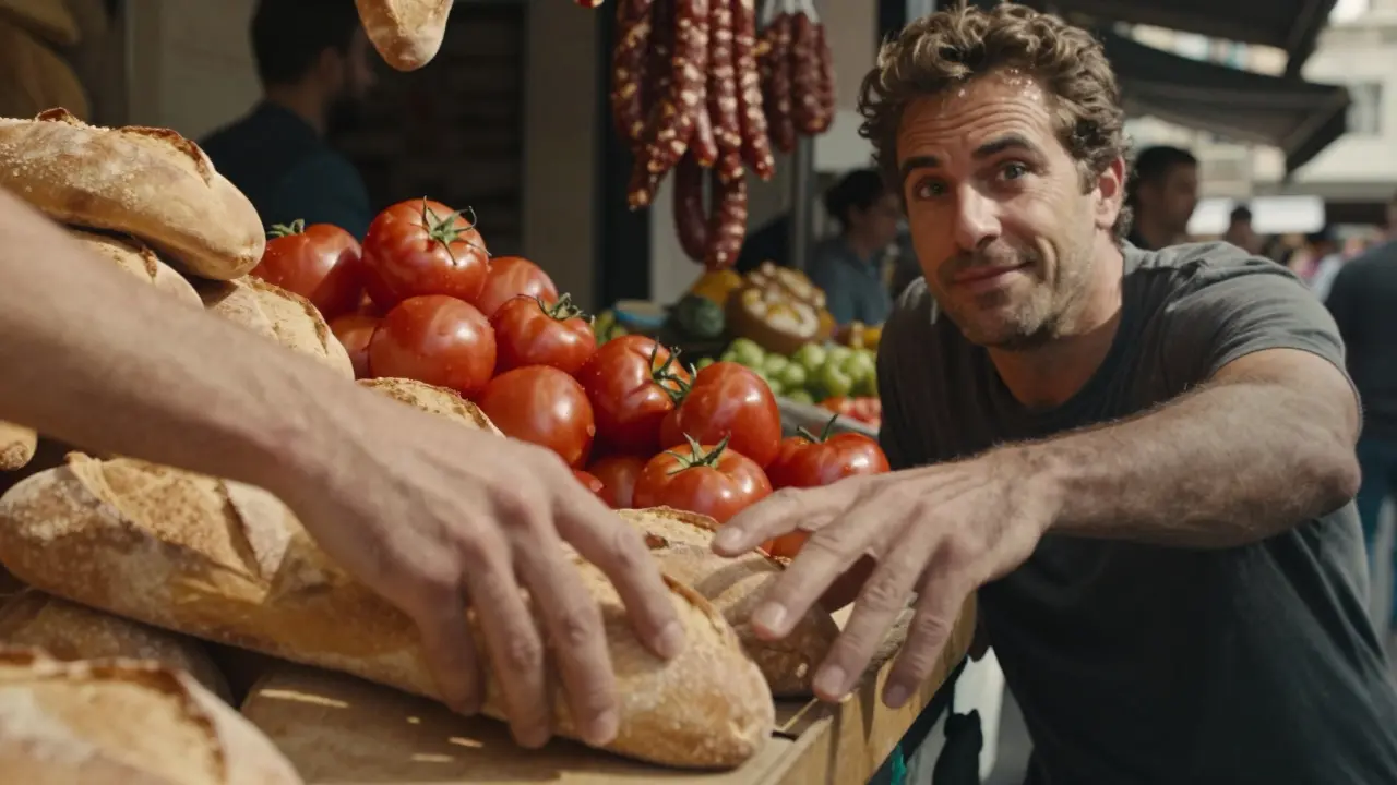 Two hands nearly touch reaching for bread at a vibrant Barcelona market, with colorful produce in the background.