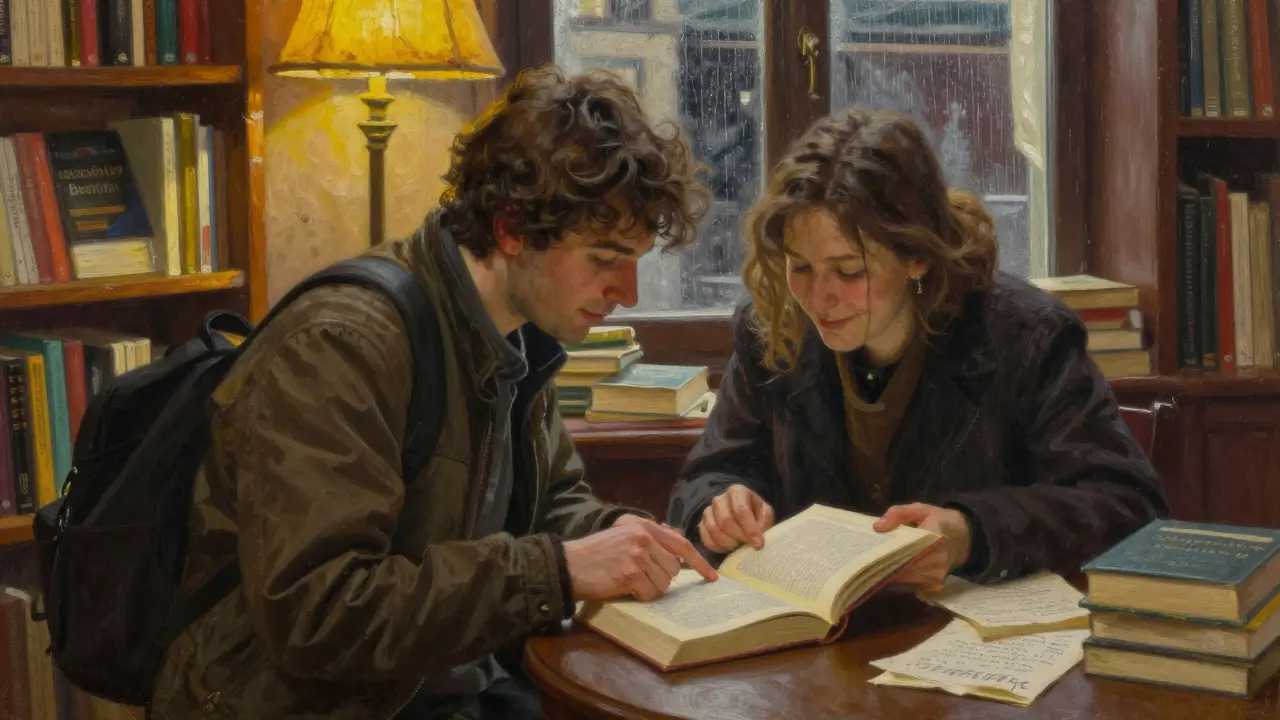 Two people bonding over a book in a cozy bookstore, warm light and rain on the window.