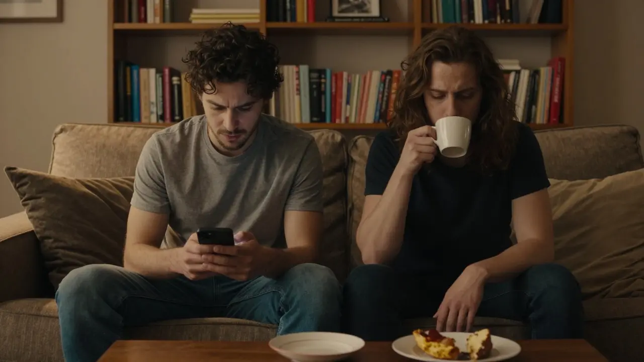 Two people in a living room, quietly sharing space without physical contact.