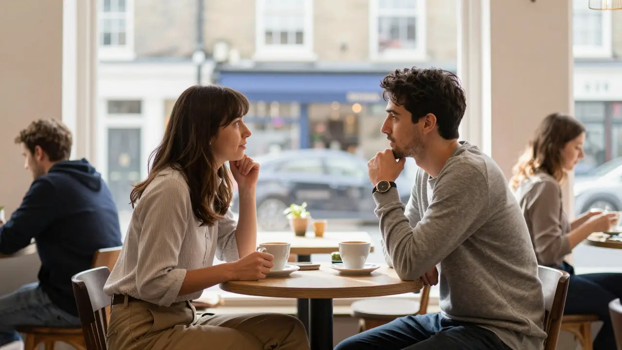 Two people meeting for coffee in a quiet London café, engaging in respectful, relaxed conversation.