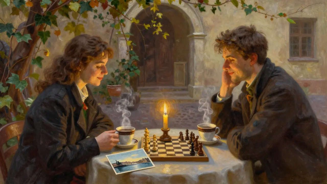 Two people share coffee and quiet conversation in a candlelit Budapest courtyard, a chessboard and postcard between them.