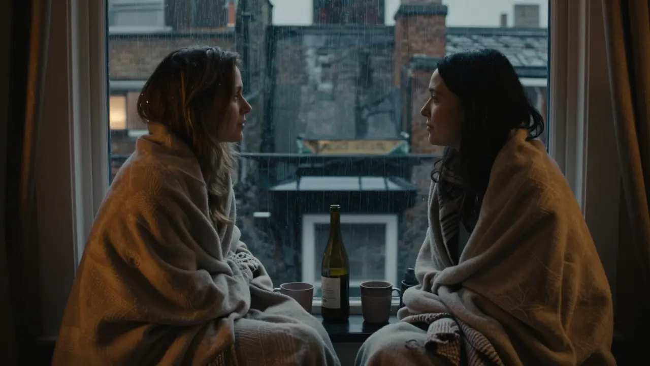 Two people sitting in quiet companionship by a rainy London rooftop window, wrapped in blankets.