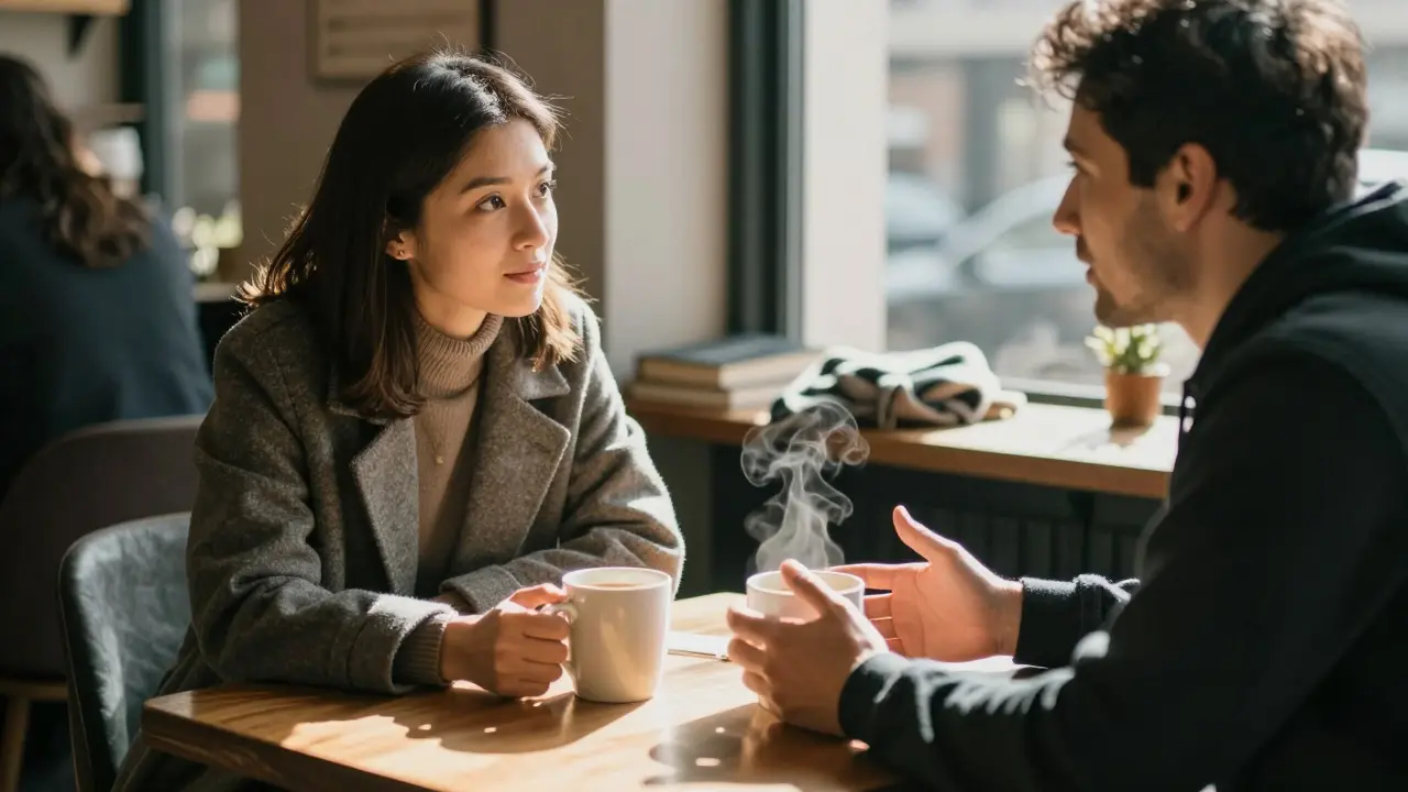 Two people talking intimately in a cozy café, natural light and quiet connection.