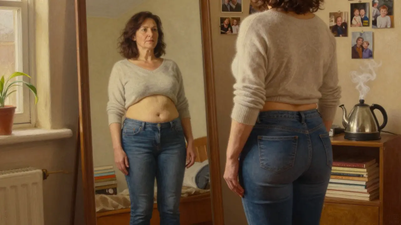 Woman in her 40s looking at her real reflection in a mirror, wearing comfortable clothes, warm lighting, no filters.