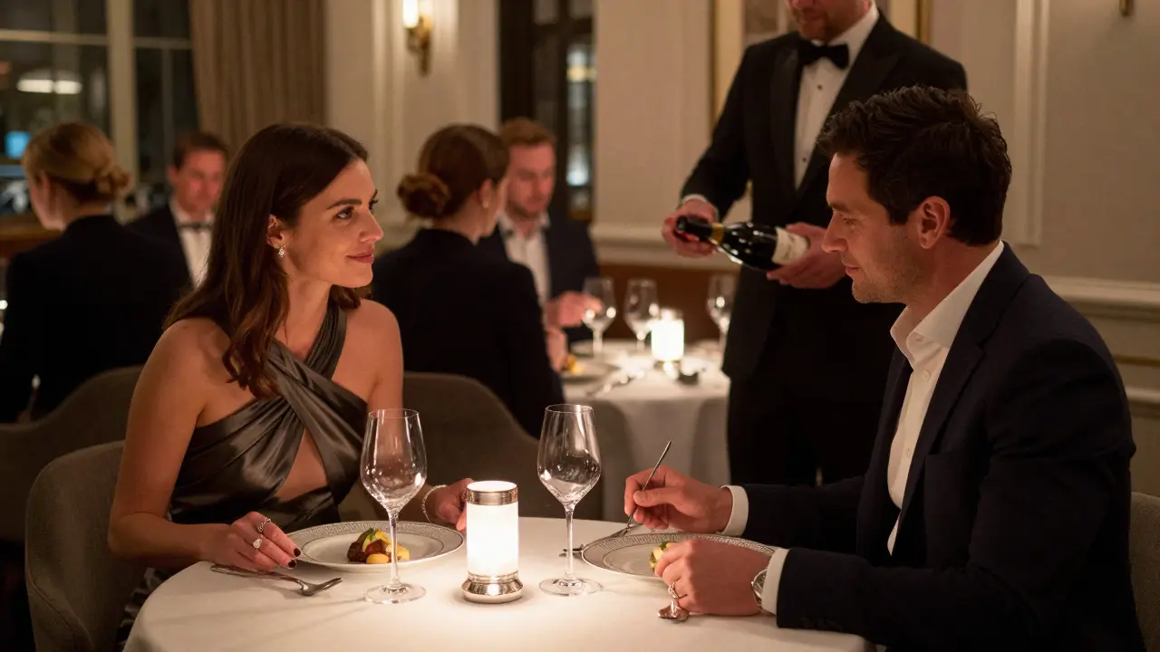 A businessman and woman enjoying an intimate dinner in a high-end Mayfair restaurant under candlelight.