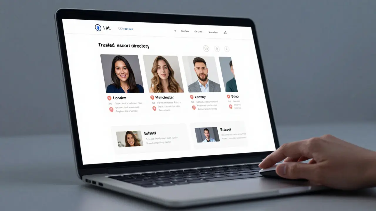 A clean, verified escort directory website interface on a laptop screen with location tags and reviews.