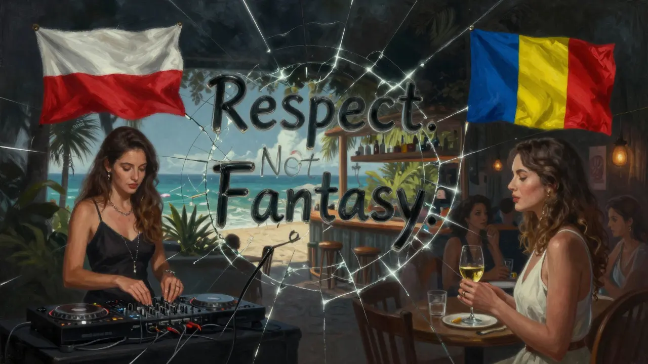 A fractured mirror showing women from Eastern Europe in different travel settings, with the words 'Respect. Not Fantasy.' woven in the cracks.
