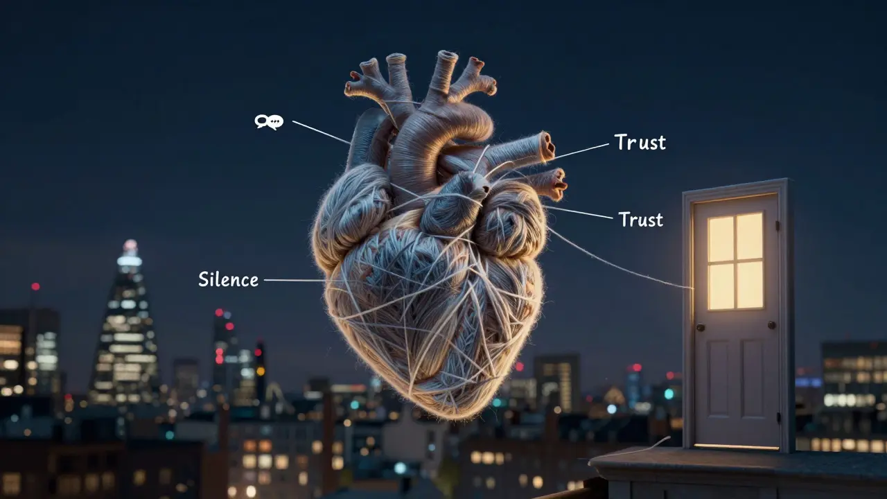 A heart made of threads symbolizing companionship, hovering over London's skyline in a contemplative, abstract style.