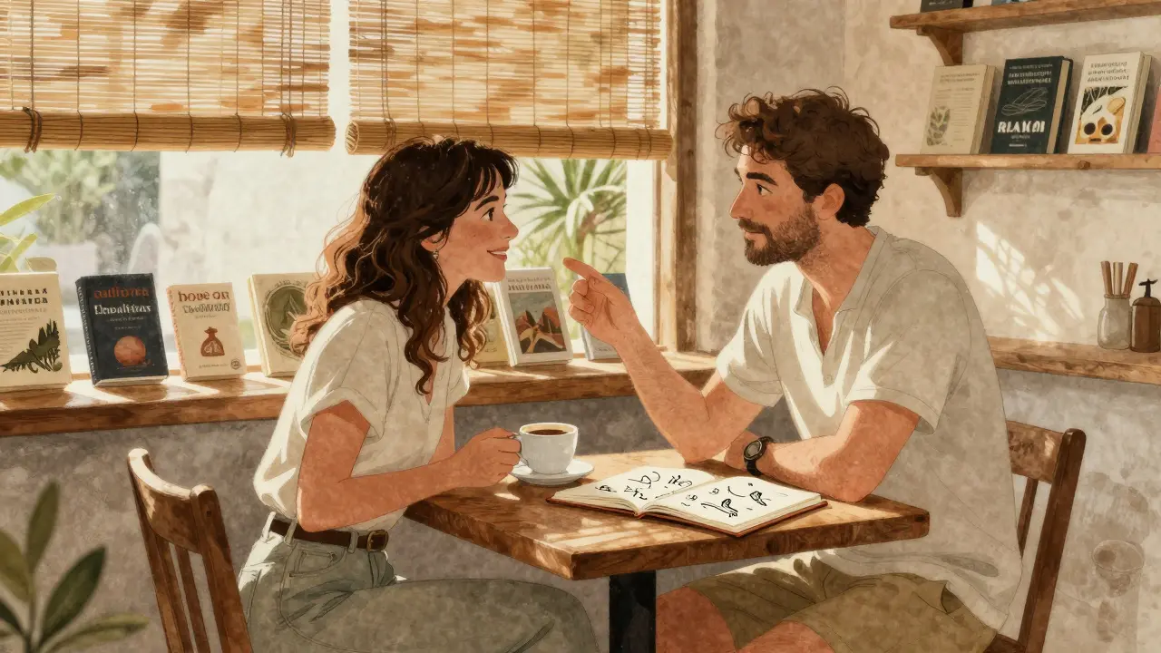 A man and woman having a quiet conversation over coffee in a Tulum shop, books and sunlight around them.