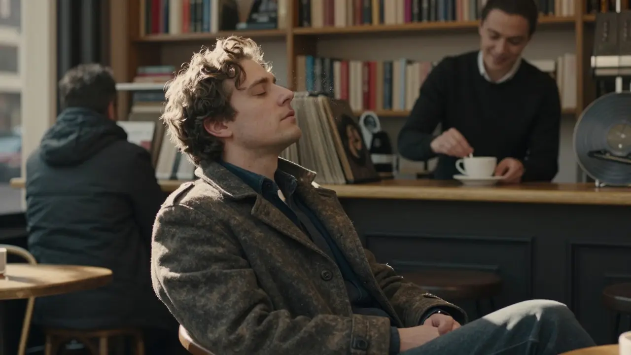 A man and woman sharing a quiet moment over coffee in a cozy Amsterdam café, no physical contact.