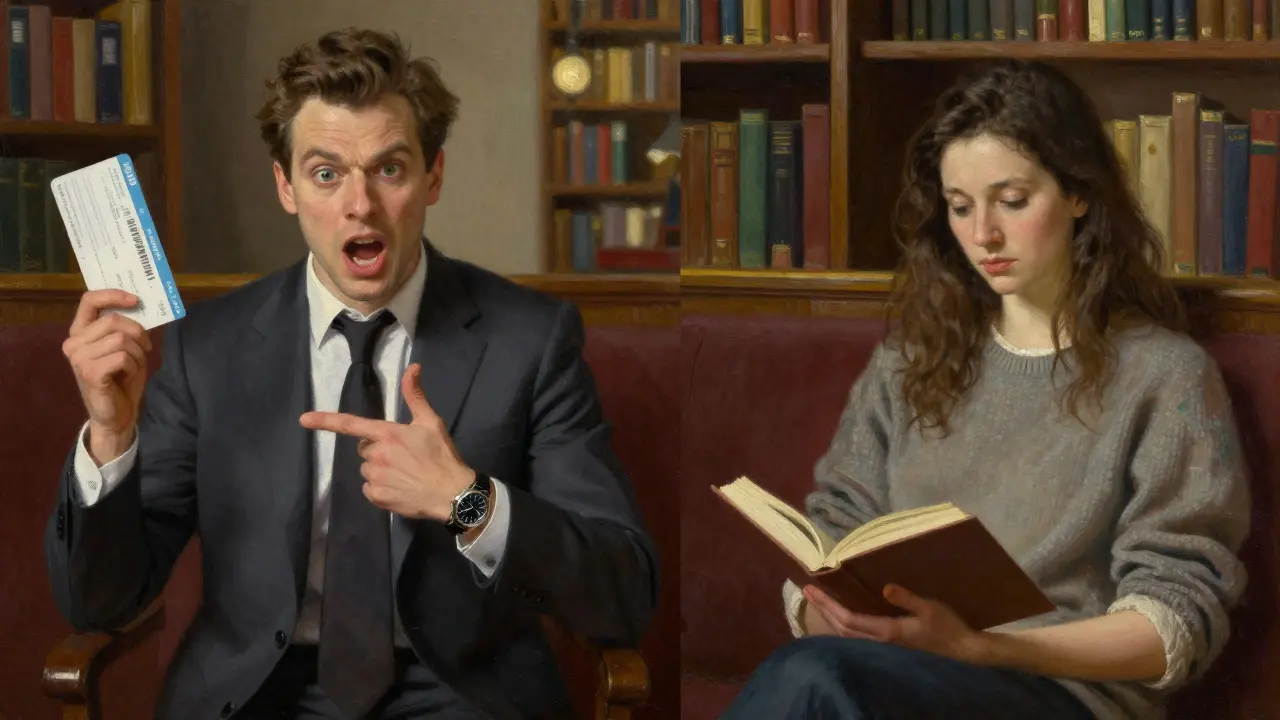 A man showing off wealth on one side, a woman reading calmly on the other, contrasting arrogance with quiet strength.