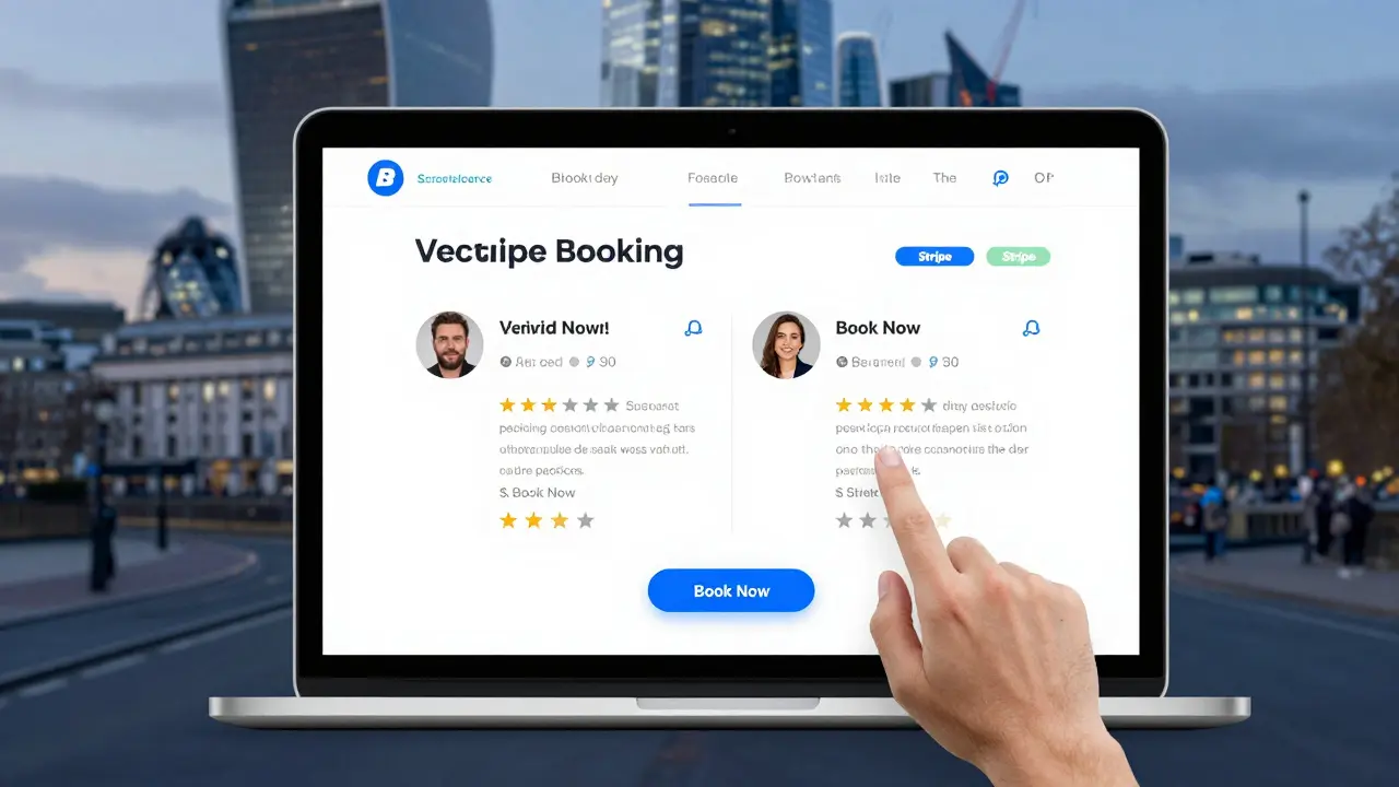 A secure online booking platform displays verified escort profiles with client reviews and encrypted payment options on a laptop screen.