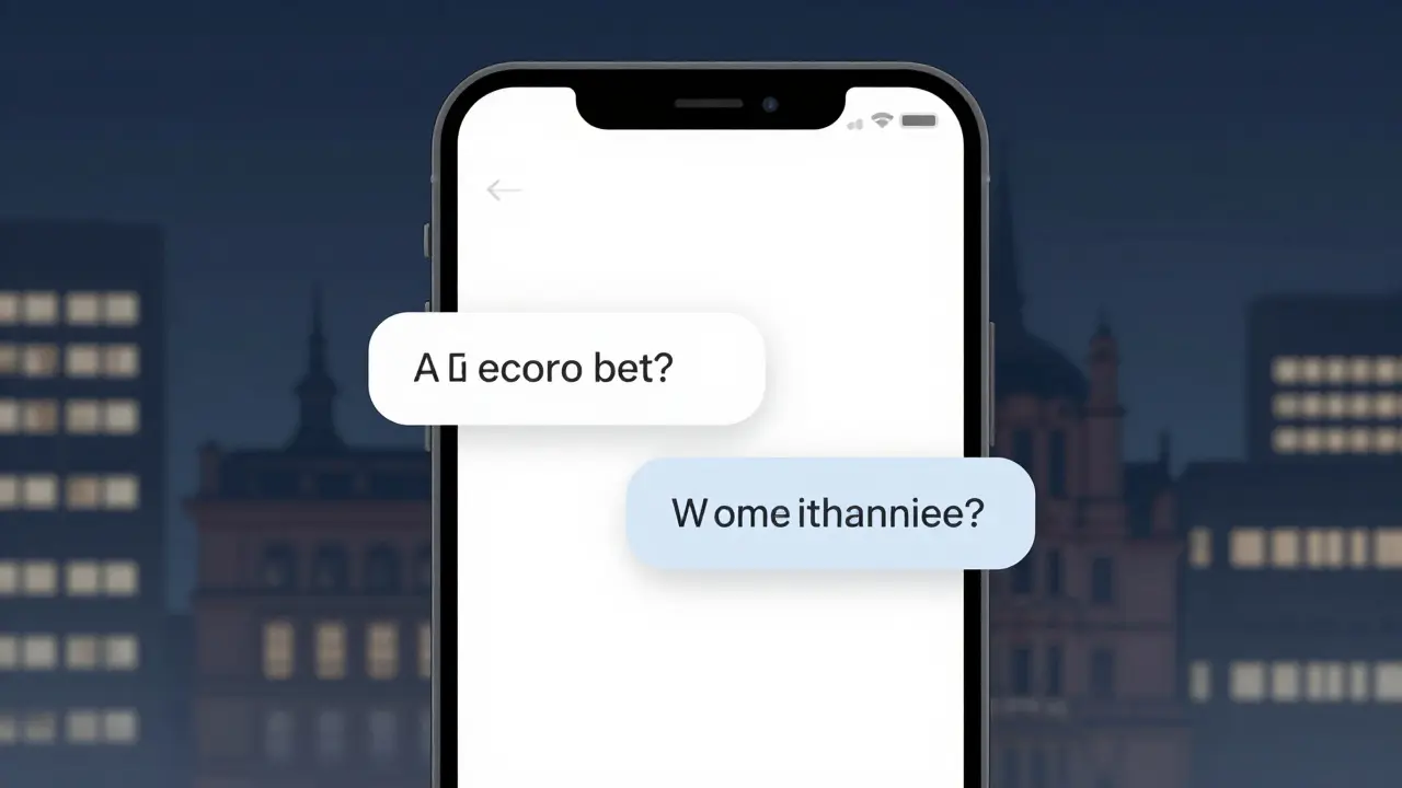 A smartphone screen showing a respectful, text-based exchange between a client and escort, city lights in background.