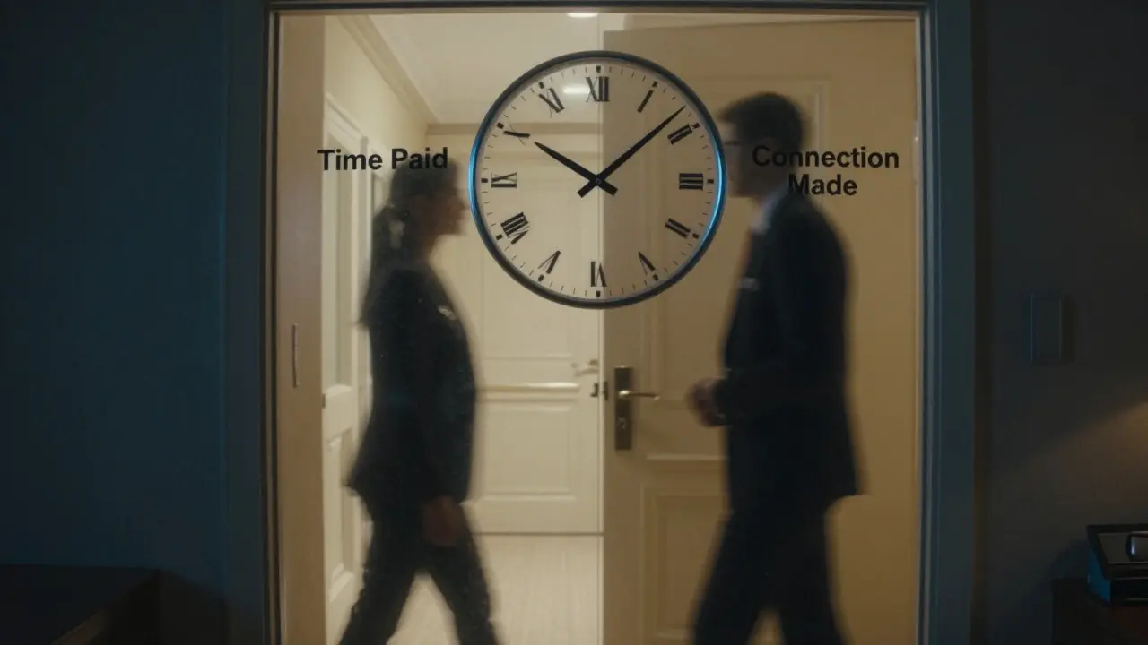 A transparent clock above a hotel door, symbolizing time and connection between two people.