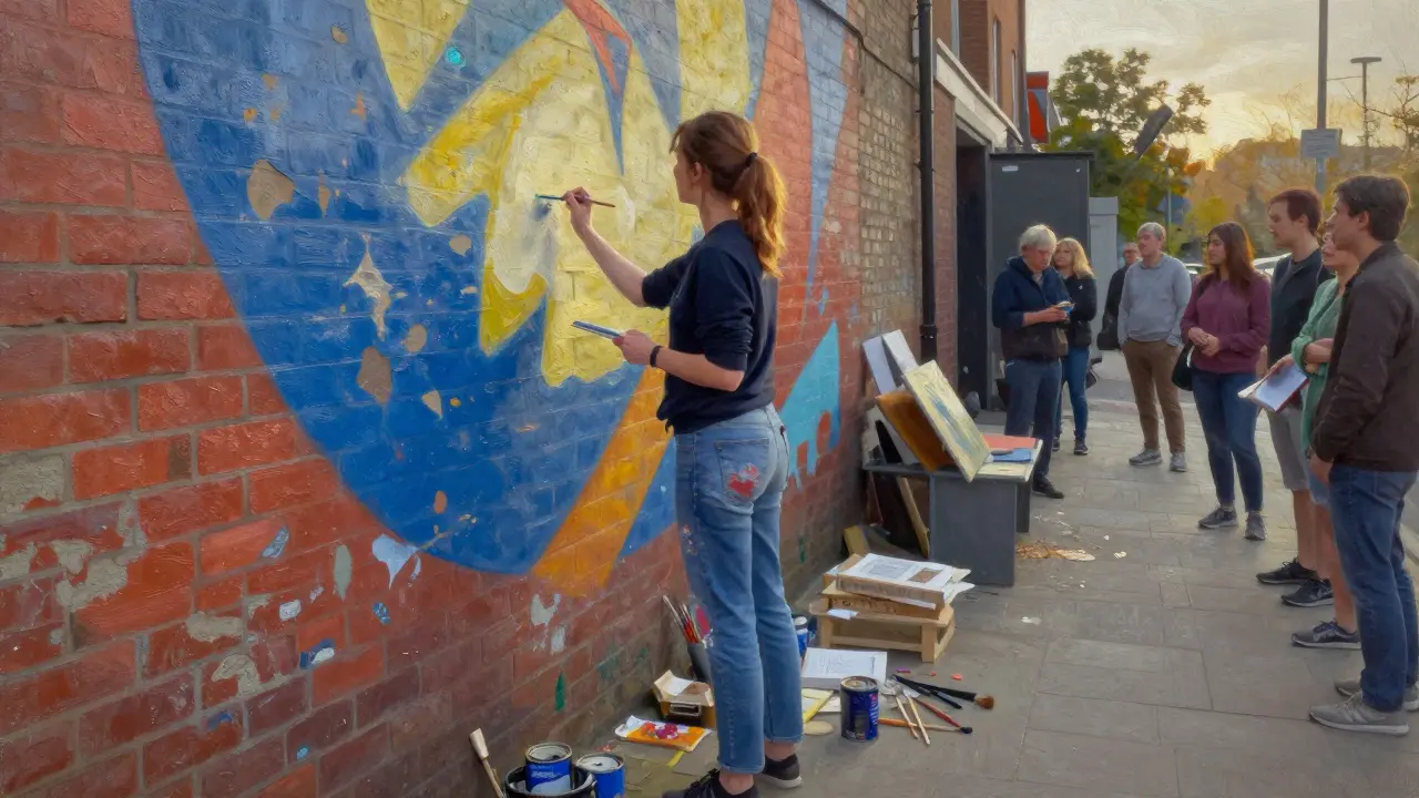 A woman painting a colorful mural on a brick wall in Finsbury Park at sunset, paint splatters on her jeans.