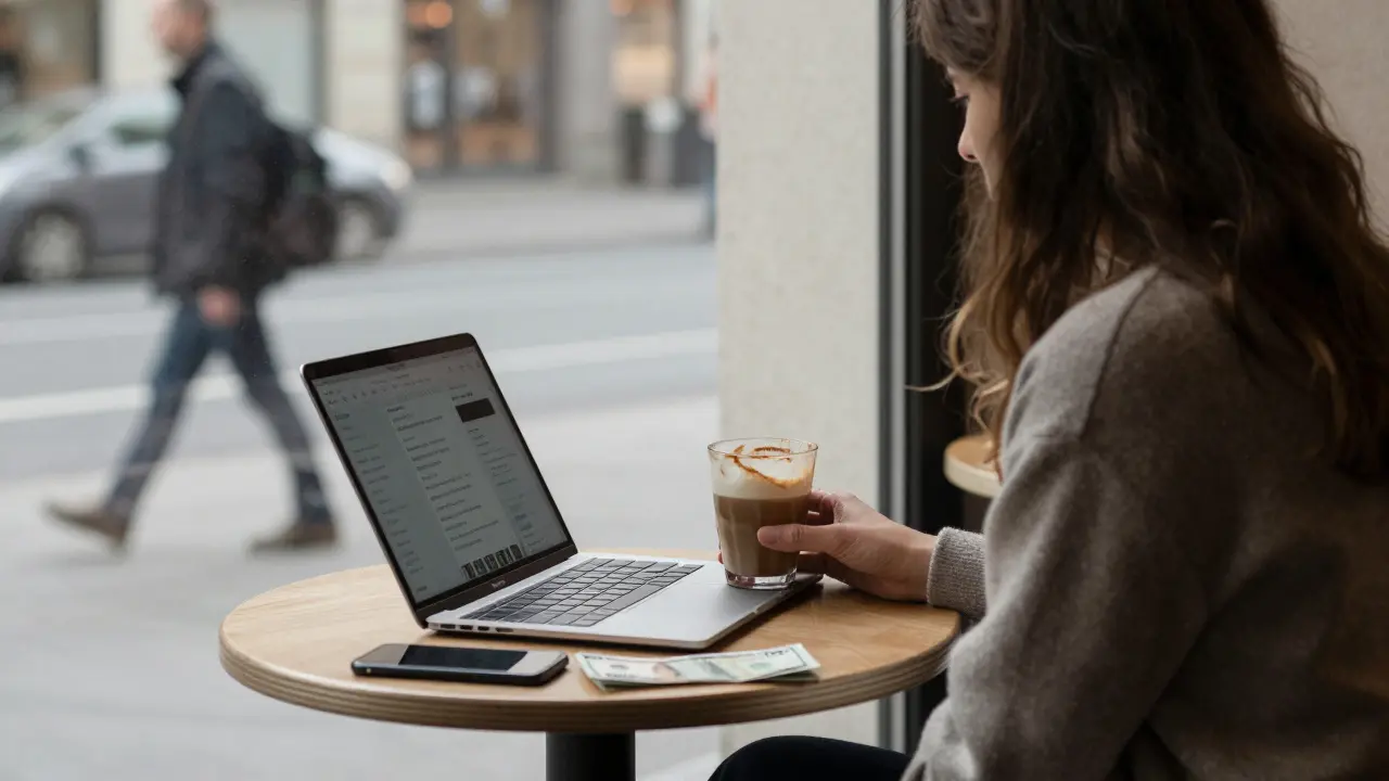 A woman sits alone at a Berlin café, burner phone and cash on the table, sunlight casting soft shadows.