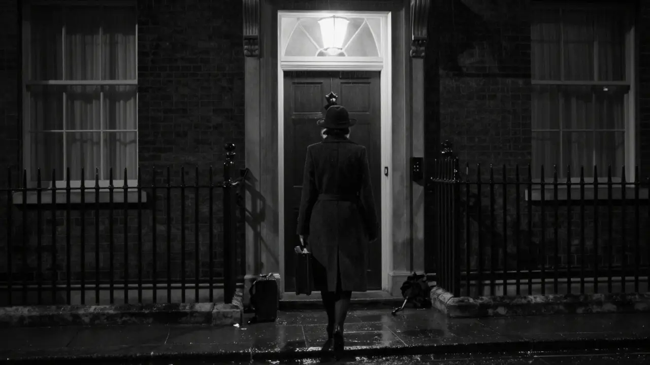A woman walks away from a discreet London townhouse at night, rain glistening on the pavement.