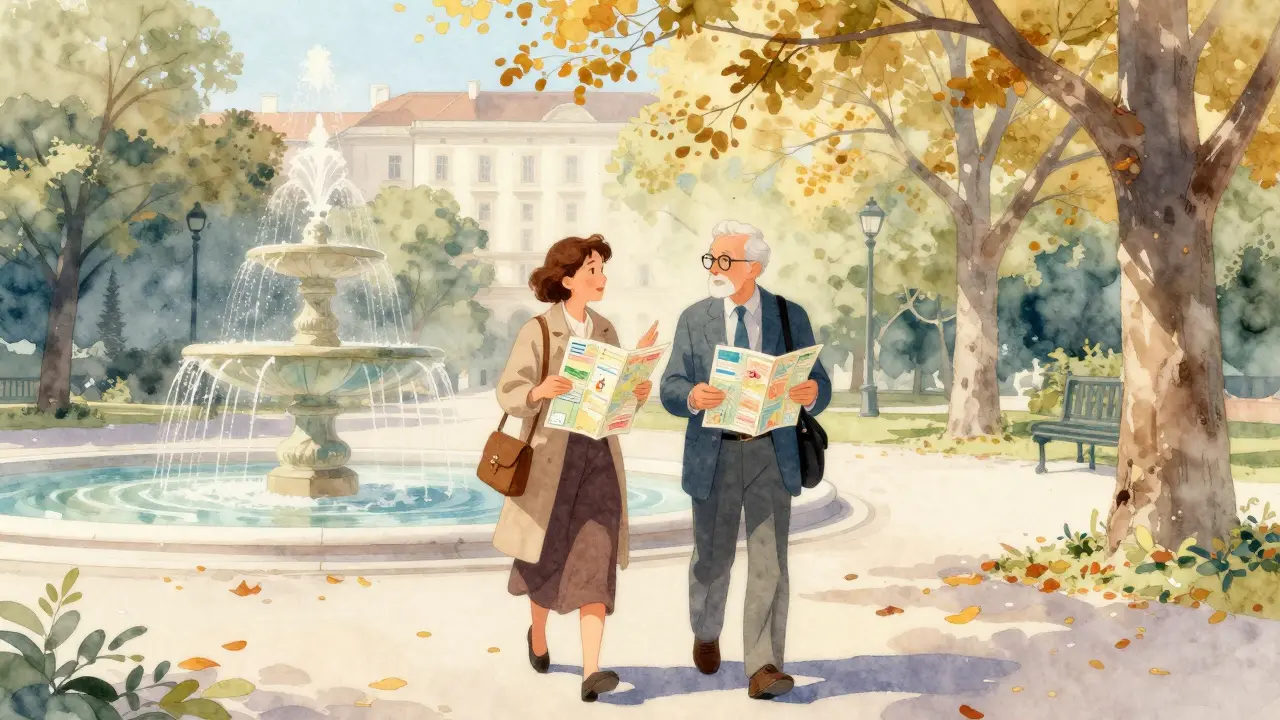 An elderly man and woman walking through a Vienna park, sharing museum maps and calm conversation.
