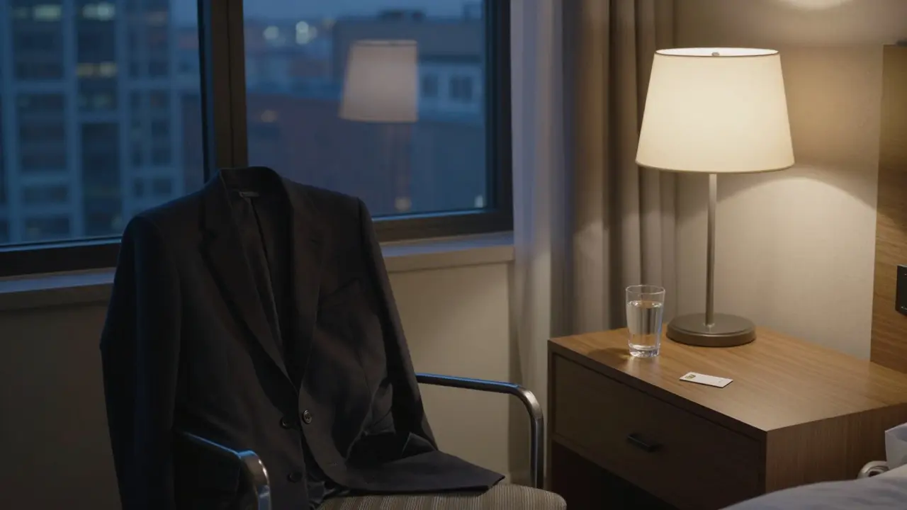 An empty hotel room at night with a folded coat and keycard, suggesting a respectful private meeting.