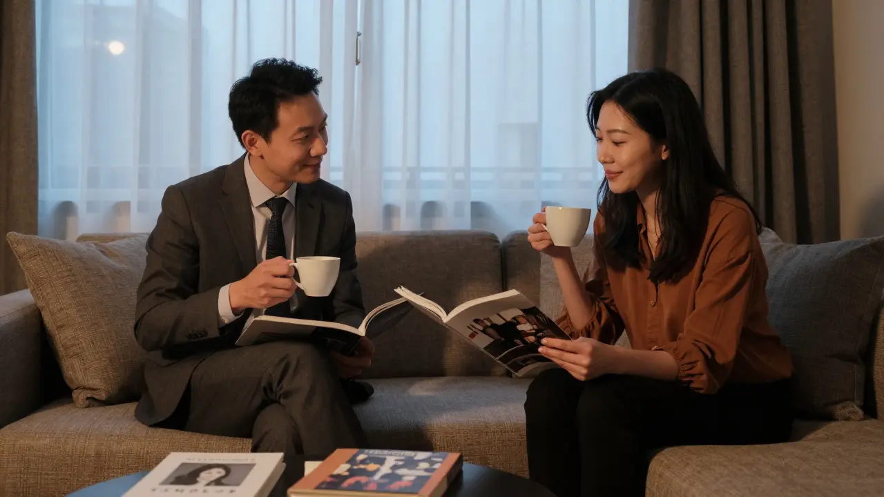 An escort and client relaxing in a hotel room, talking while looking at an art catalog.