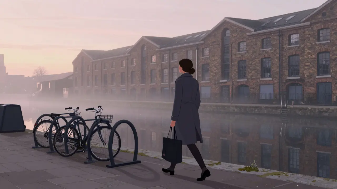 An independent escort walks peacefully along Regent’s Canal at dawn, reflecting authenticity and solitude.